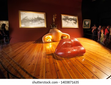 Figueras / Spain - June 21 2016: Dali Museum, The Mae West Room, Lips - Sofa