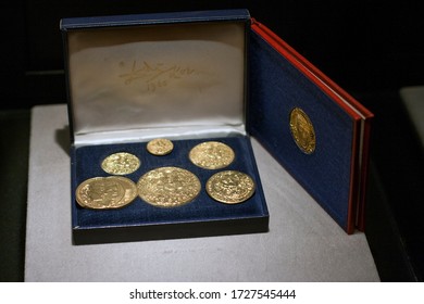 Figueres Spain April 08. 2009. Dalí Theatre And Museum. Treasure Box With Gold Coins. Dalí Created His Own Set Of Gold Coins, In Which He Appears In Profile With His Wife, Gala.