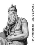 Figure of the biblical prophet Moses isolated on white background. Michelangelo sculpture on the tomb of Pope Julius II