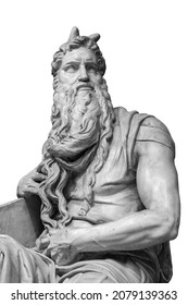 Figure Of The Biblical Prophet Moses Isolated On White Background. Michelangelo Sculpture On The Tomb Of Pope Julius II