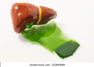 Figure Of Human Liver With Gallbladder Lies On White With Seeping Liquid With Toxins After Detox. Concept Photo, Symbolizing Liver Detoxification Or Detox Of Toxins, Alcohol And Harmful Substances