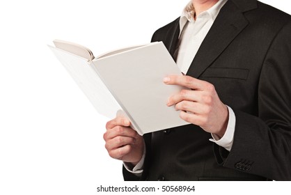 Figure Of Man Holding Book With Blank Cover, Isolated On White