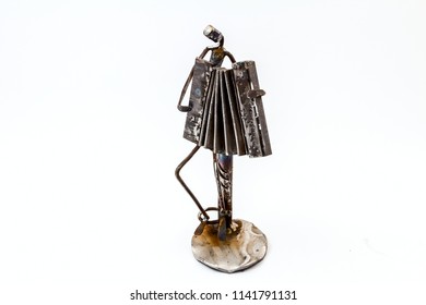 Figure Of Music Performer Made With Welded Black Metal Wire, Accordionist Is Playing Solo With Accordion, Living Lines.