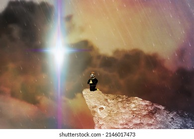 A Figure Praying on the Top of the Hill before the Light