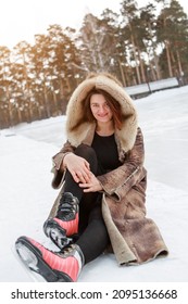 Figure Skater On Ice. The Girl Is Skating. Ice Under The Open Sky. No Makeup In Winter, Red Cheeks