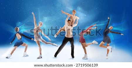 Figure skating collage with group performance and motion elements on ice. Concept of winter sports promotion, teamwork, artistic skating, event branding, digital advertising, and social media visuals.