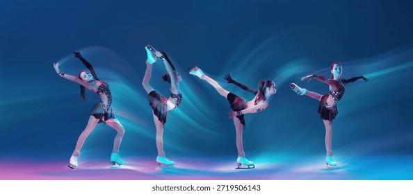 Figure skating collage with motion sequence of female skater on ice. Concept of artistic skating technique, training analysis, sports advertising, event visuals, and social media content.