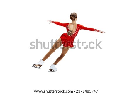 figure skating single, back girl figure skater in red dress isolated on white background