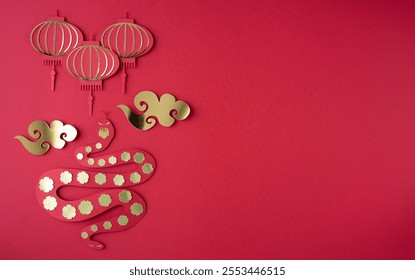 figure of a snake with clouds and lanterns on a red background. Chinese New Year. Year of the snake. Copy space - Powered by Shutterstock