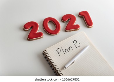 Figures 2021 And A Notebook With The Inscription PLAN B. Backup Plan Concept