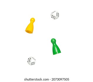 figures for board game and dice in air isolated on white background. levitation