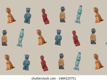 Figures of creatures. Ceramic figures of characters at the display window. DIY pottery. Statues pattern. Child pattern. Collection of colorful ceramic figures. Figures isolated on pastel background