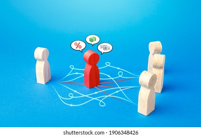 Figures of people connected bypassing the red mediator. Direct contact, minimizing costs. Corruption risks, bureaucracy. Exposing criminal schemes. Simplify Doing Business. Direct lending, fundraising - Shutterstock ID 1906348426