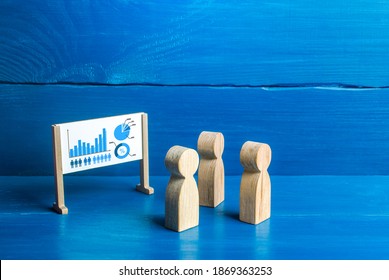 Figures Of People Are Looking At The Whiteboard With A Diagram. Briefing And Work Meetup. Training And Coaching. Statistics Analysis And Marketing Strategy Development. Data Review, Market Share