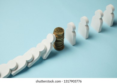 Figures Of People In Row With Coins, Domino Effect. Financial And Economic Stability.