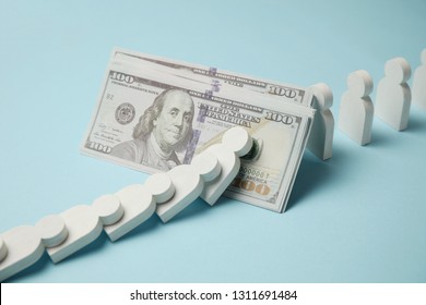 Figures Of People In Row, Domino Effect. Financial And Economic Stability. Bankruptcy, Money Accumulation.