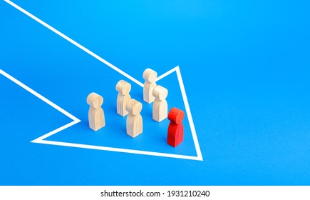 Figures of people under the leadership of leader moving in a single arrow direction. Follow the goal together. Organization cooperation. Teamwork. Discipline and consolidation. Aspirations - Shutterstock ID 1931210240