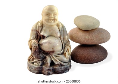 Figurine of Laughing Buddha  and balancing stones isolated over white with clipping path. - Powered by Shutterstock