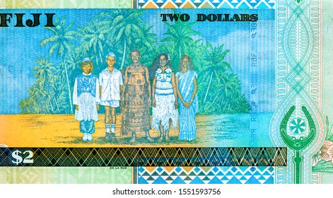 Fijian Family, Portrait From Fiji 2 Dollars 1996 Banknotes. 