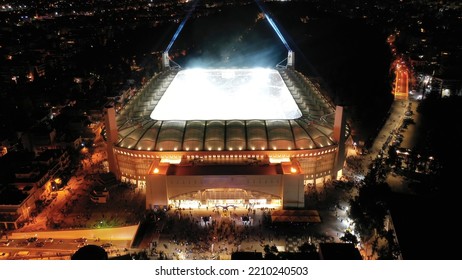 Filadelfia, Attica | Greece - September 30 2022: Aerial Drone Night Photo Of Brand New Soccer - Football Stadium Of AEK Agia Sofia In Public Park Of Filadelfia