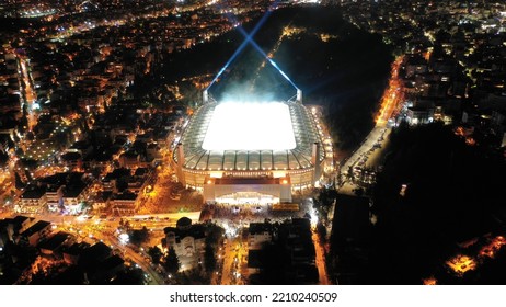 Filadelfia, Attica | Greece - September 30 2022: Aerial Drone Night Photo Of Brand New Soccer - Football Stadium Of AEK Agia Sofia In Public Park Of Filadelfia