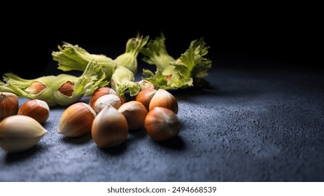 Filbert in shell on a dark background. Close-up
