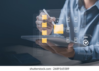 file, conflict, resolve, sync, version, merge, keep, A person managing digital folders on a tablet, symbolizing cloud file sync, version control, and conflict resolution in data management systems.