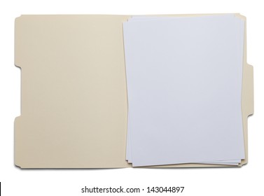 File Folder With Blank White Paper Isolated On White Background.