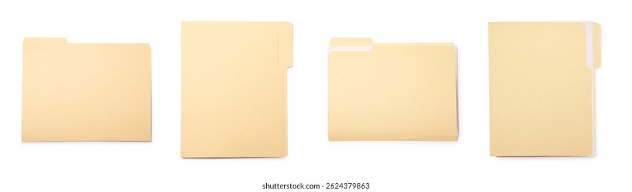 File folder isolated on white, collage. Top view