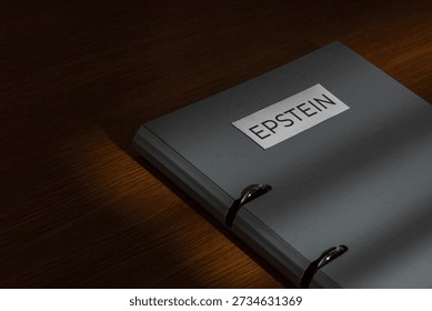 A file folder labeled EPSTEIN on a wooden desk. Investigations, court documents, hidden evidence, and public scandals related to high-profile legal cases concept.