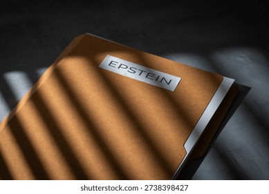 A file folder labeled EPSTEIN on a dark surface. Investigations, court documents, hidden evidence, and public scandals related to high-profile legal cases concept.