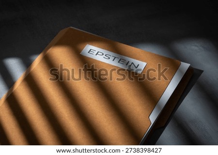 A file folder labeled EPSTEIN on a dark surface. Investigations, court documents, hidden evidence, and public scandals related to high-profile legal cases concept.