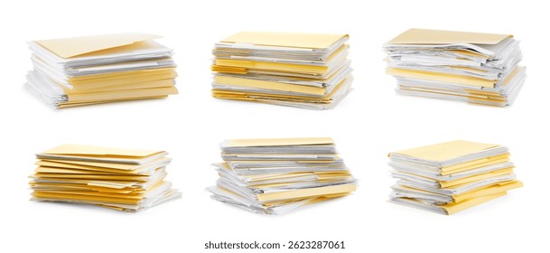File folder with sheets of paper isolated on white, collage