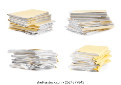 File folder with sheets of paper isolated on white, collage