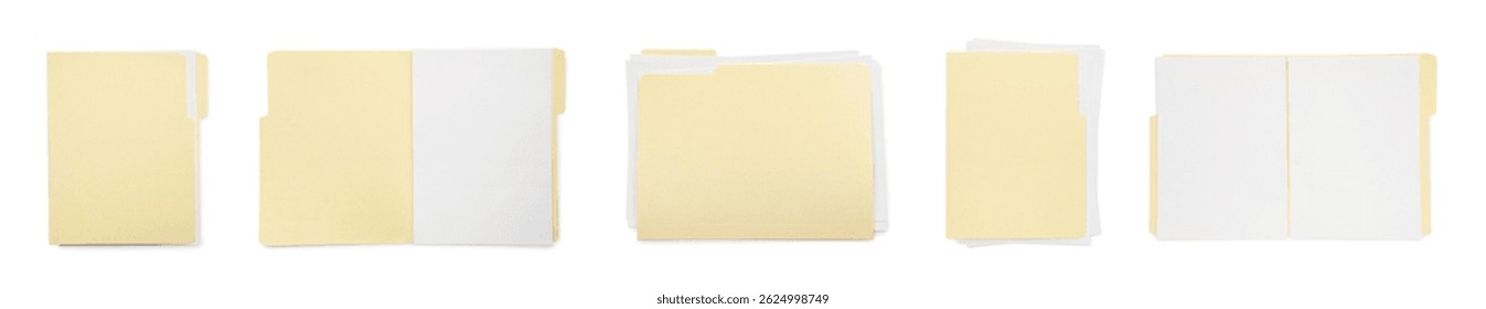 File folder with sheets of paper isolated on white, collage. Top view