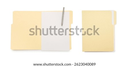 File folder with sheets of paper isolated on white, collage. Top view