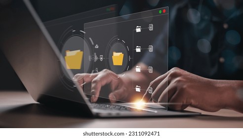 file manager, document, folder, information, management, system, storage, multimedia, file, transmission. typing to open file manager and looking for folder. system and document going to transmission. - Shutterstock ID 2311092471
