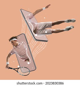 File sharing, Transmission of information. Male tennis player stuck on phone screen with binary code on beige background. Concept of online communication, information transmission - Powered by Shutterstock