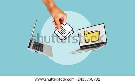 File transfer between laptops. Data migration. Data exchange, transfer file of data between folder, exchange of file on folder. Document loading to another folder