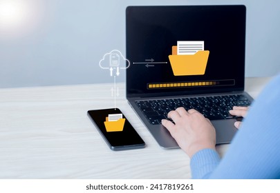 File transfer concept, backup data, documents saved in storage, cloud technology, upload and download. Backup copies of smartphones and computers