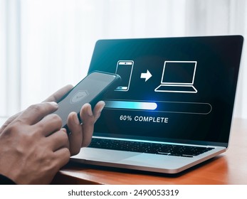File transfer, data migration, transmission, backup files concept. Loading progress bar and smartphone sending to computer, icons appear while person using mobile phone to sharing file with 2 devices.