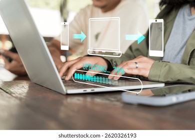 File transfer, data migration, transmission, backup files concept. Loading progress bar and smartphone sending to computer icons appear while person using mobile phone to sharing file with 3 devices.