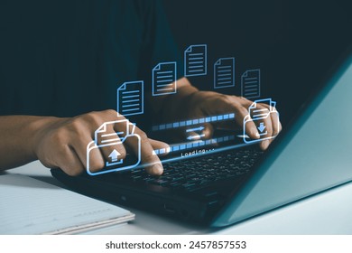 File Transfer. Files transferred Encrypted Form. Program for Remote Connection between two Computers on Cloud technology. Full access to Remote Files and Folders.  File sharing. Data Transfer concept. - Powered by Shutterstock - Get 15% off with code: PIKWIZARD15