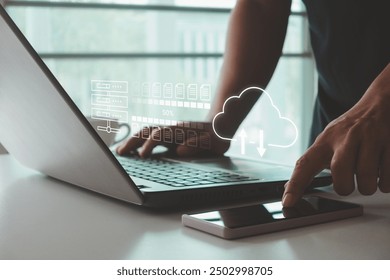 File Transfer Protocol files receiver and computer backup copy. File sharing isometric. Digital system for transferring documents using cloud technology. Encryption data with file transfer concept. 