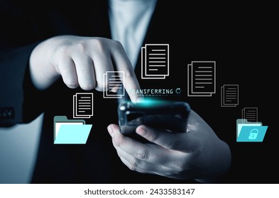 File Transfer Protocol (FTP), data transfer, and backup with applications using online networks. Businessmen use smartphones to share files stored in secure iCloud.