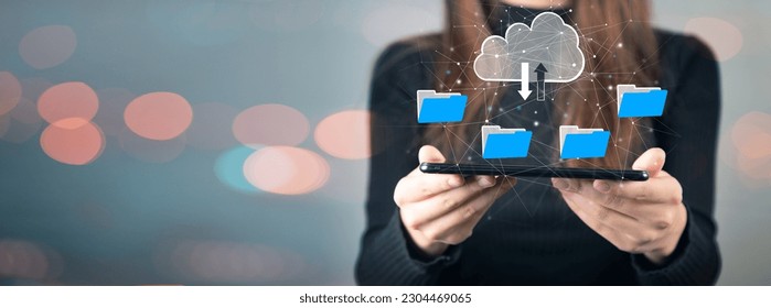 File transfer protocol or FTP digital system for transferring documents. Files receiver and computer backup copy. Cloud computing system concept.