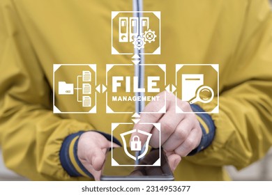 Files management Concept. Document Management System (DMS). Software for archiving, searching and managing corporate files and information. Work with documents in business company.