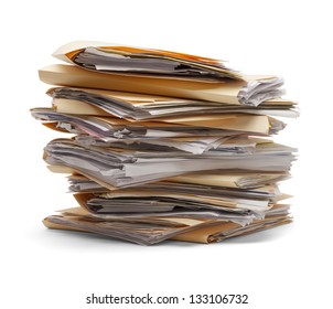 Files stacking up in a messy order isolated on white background.
