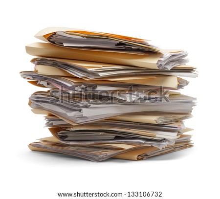 Files stacking up in a messy order isolated on white background.