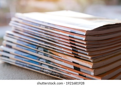 Files Stacking Messy Student Homework Books On Teacher Desk In School. Old Magazines Or Documents Reports On Office